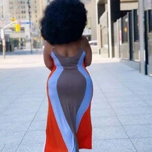 大码女式细肩带糖果色拼布性感连衣裙