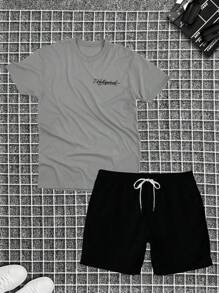 Cotton T-Shirt + Tectel Shorts Set For Men, Adult, New HL - 灰色 - 查看 2