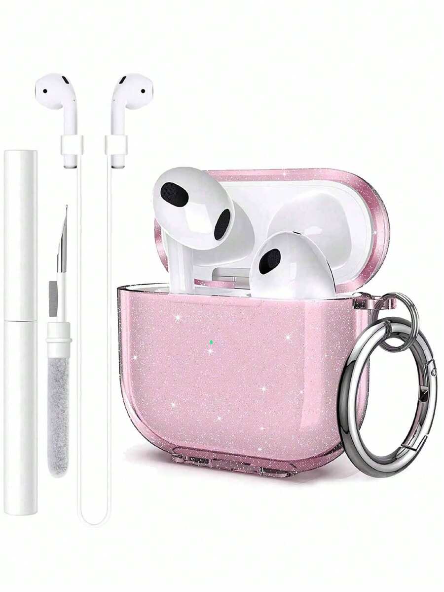 粉色闪光耳机保护套，兼容 4 Pro 3、3、2/1，透明蓝牙耳机保护套，柔软耳机保护套带支架 - 閃粉+筆+防丟繩 - 查看 1