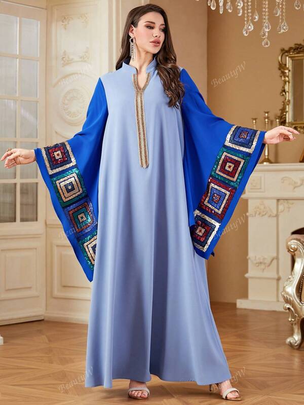 Vestido holgado de manga larga con de color, estilo árabe elegante y casual. Modesto kaftan.