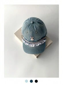1顶蓝色软顶蕾丝边牛仔宽檐棒球帽，可爱女孩小脸型修饰脸型，超大帽檐百搭帽，新款可爱复古水洗户外加长帽檐帽，夏季沙滩 - 彩色 - 查看 5