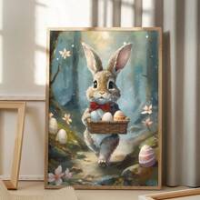 1PC Cute Rabbit Decor, Hiking Easter Bunny Poster, Forest Canvas Wall Art, Easter Bunny Decor, Easter Day Wall Art- Home Decor -Living Room, Bed Room, Hallway Decoration Gifts Birthday Graduation