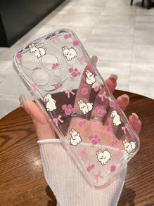 花卉、兔子和蝴蝶结卡通图案手机壳，清新可爱的波浪透明手机壳，兼容 iPhone、iPhone 11/13/14/15/15 ProMax、iPhone 16/iPhone 16 Pro/iPhone 16 Plus/iPhone 16 ProMax
