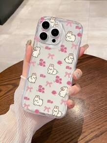 花卉、兔子和蝴蝶结卡通图案手机壳，清新可爱的波浪透明手机壳，兼容 iPhone、iPhone 11/13/14/15/15 ProMax、iPhone 16/iPhone 16 Pro/iPhone 16 Plus/iPhone 16 ProMax