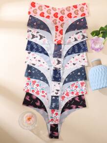 8pcs/Set Heart Printed Sexy Briefs For Women, Breathable Ice Silk Low-Waist Seamless Panties, V-Shape Waistband, Thin Thong