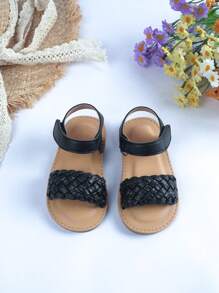 Toddler Girls' Black Matte Hook And Loop Open Toe Fashion Sandals - Black - View 1