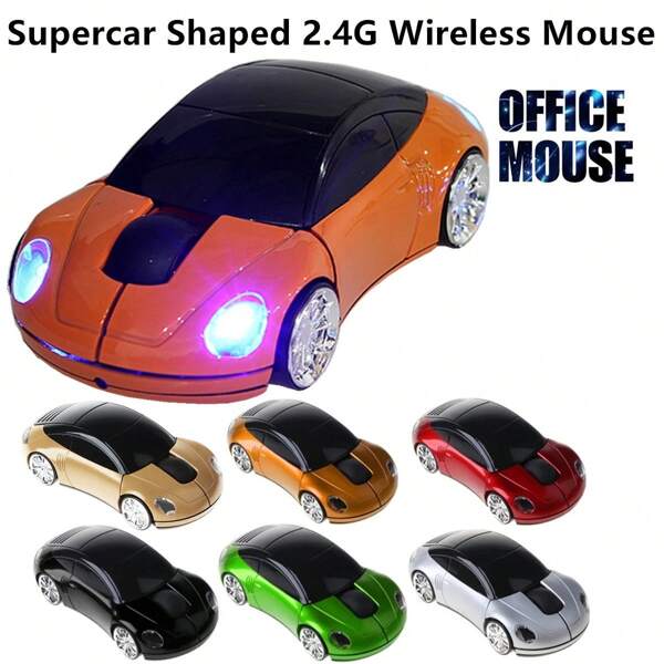 1 pieza Ratón inalámbrico con forma única de coche de carreras, ratón óptico inalámbrico de estilo minisuper, ratón de juego inalámbrico ergonómico de 1600 DPI, ratón de oficina inalámbrico de 2,4 GHz con luz de coche, incluye receptor USB, funciona con 2 pilas AAA (no incluidas), adecuado para PC, portátil, tableta, gran regalo