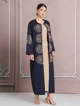 Capa elegante de festival de color azul marino con bordado de cuerda dorada, vestido de kaftan tipo abaya de talla grande, bata larga de señora con bordado turco, en stock (pedido especial), modesto