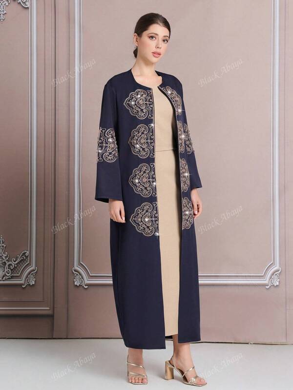 Festival Elegant Navy Blue Windbreaker With Golden Rope Embroidery, Plus Size Abaya Kaftan Dress, Turkish Beading Ladies Long Robe, In Stock (Special Order),Modest