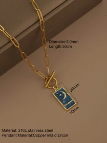 1pc Stainless Steel OT Clasp Chain Necklace With Sun Moon Star Pendant, Women Fashion Jewelry, Holiday Gift - Yellow Gold - View 18