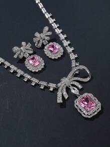 1 Conjunto de 3 piezas de joyería de lujo con diseño de lazo con circonita cúbica, collar y pendientes adecuados para fiesta de noche, accesorio de collar personalizado a juego con vestido de noche, boda, día de San Valentín, regalo para mamá, Día de la Madre