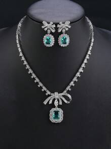 1 Conjunto de 3 piezas de joyería de lujo con diseño de lazo con circonita cúbica, collar y pendientes adecuados para fiesta de noche, accesorio de collar personalizado a juego con vestido de noche, boda, día de San Valentín, regalo para mamá, Día de la Madre