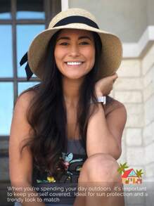 1pc Small Brim Korean Style Bow Strap Straw Hat - Straw Hat - View 8