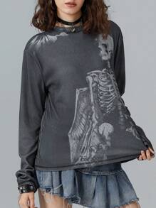 Camisetas con estampado de calavera estilo Y2K para mujeres, blusas holgadas de manga larga de cuello redondo con estilo gótico, grungy y de hada, ropa de streetwear de los 90 para chicas e-girl y emo, prendas de otoño y primavera - Negro - Ver 7