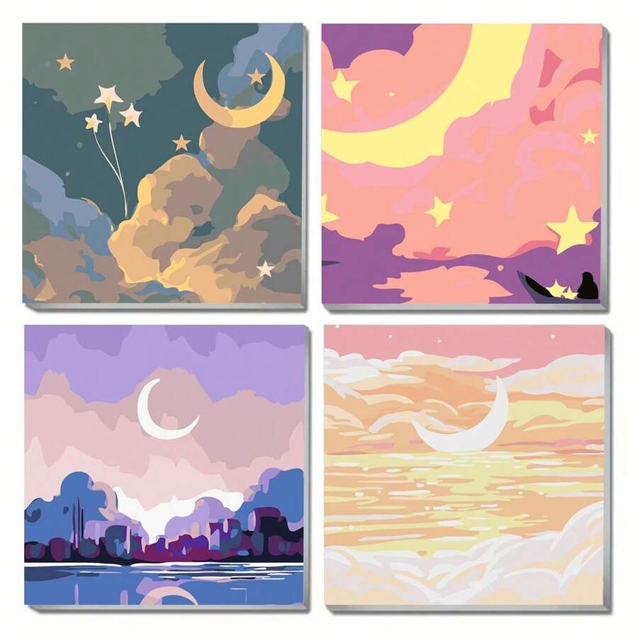 1 set 20*20cm Peinture à l'huile sur canevas avec motif numéroté représentant un paysage naturel et un ciel étoilé avec la lune. Comprend peintures et pinceaux, parfait pour les débutants et les adultes, décorations murales, décoration de la maison et cadeaux de fête