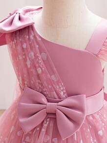 H HIBOBI فستان حفلة عيد ميلاد بنات رقيق غير متماثل الأكمام مزين بالكشكشة والشريط