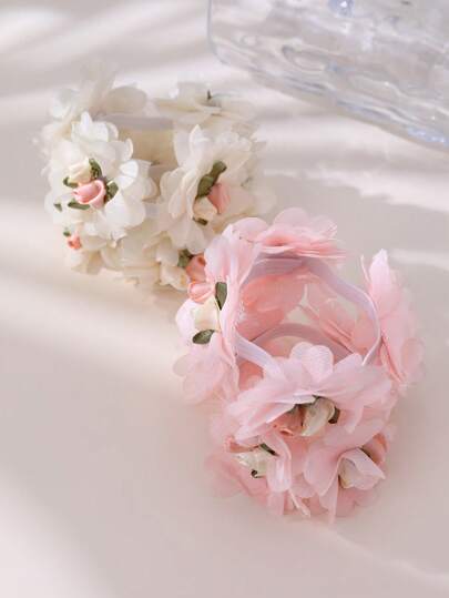 2pcs New Cute Double-Layer Chiffon Ruffle Flower Handmade Flower Hair Scrunchies/Hair Ties For Kids