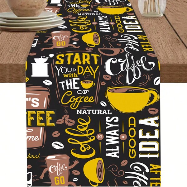 1pc Coffee Print Polyester Table Runner Coffee Time Tablecover Non-Slip Rectangle Modern Art Coffee Cup Coffee Bean Abstract Heart Print For Dining Room Kitchen Living Room Party