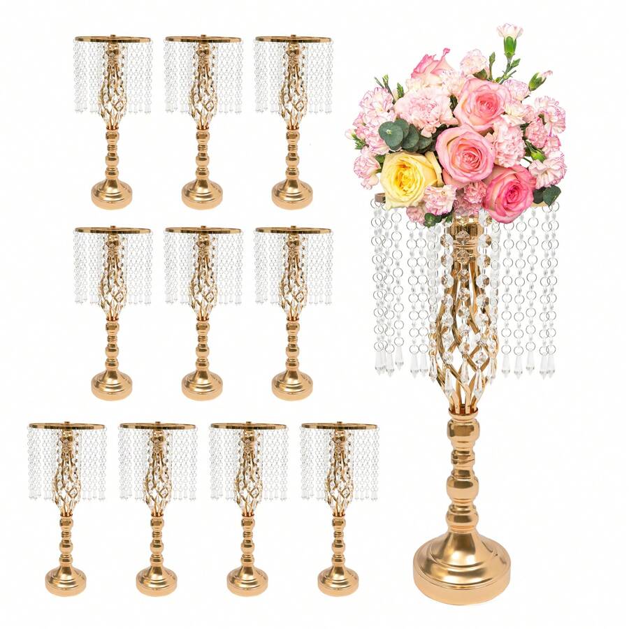 10 Pcs 19.3 Inches Tall Crystal Flower Stand Wedding Road Lead Tall Flower Holders Centerpiece Crystal Flower Metal Flower Vase For Reception Tables Wedding Supplies - Vàng - Xem 1