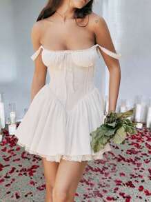 Women's Square Neck Bustier A-Line Dresses Sleeveless Tank Top Lace Trim Stretch Flare Mini Dresses Valentine Day Dress