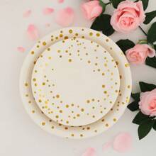 80pcs/Set White & Gold Polka Dot Theme Disposable Party Tableware Set, Suitable For Family Gatherings, Birthday Parties, Weddings, Valentine's Day, Mother's Day, Thanksgiving, Includes 9-Inch & 7-Inch Disposable Paper Plates, Paper Cups, And Napkins