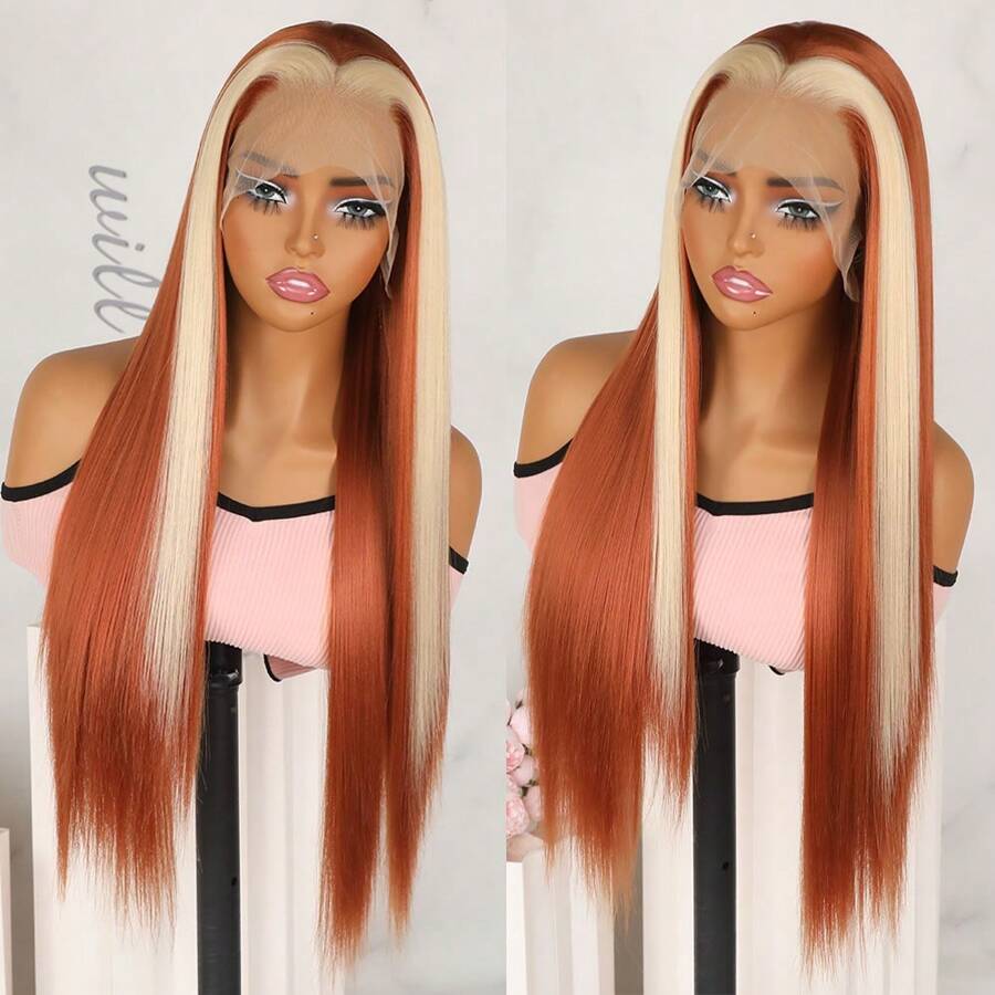 Blonde Highlights Long Straight Hair Synthetic Lace Front Wig Glueless Colored Skunk Stripe Ginger Orange Mixed Color 13x4 Free Part Lace Front Replacement Wigs For Women Girls Party Daily Wear Pre Plucked With Baby Hair Natural Hairline 26 Inches 180% Density - 拼色 - 查看 1