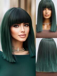 High Quality Natural Vertical Dark Green 14-Inch Short Straight Bob Wig With Bangs Ladies Fashion Wig Synthetic Heat-Resistant Fiber Wig Perfect For Holiday Travel Family Party Cosplay Everyday Wear
