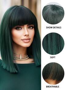 High Quality Natural Vertical Dark Green 14-Inch Short Straight Bob Wig With Bangs Ladies Fashion Wig Synthetic Heat-Resistant Fiber Wig Perfect For Holiday Travel Family Party Cosplay Everyday Wear