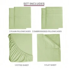 LUX DECOR 6-Piece Embroidered Bed Sheet Set – Brushed Microfiber, Deep Pocket, Lightweight & Breathable – Graduation Gifts, Home Decor, Sleep Protection For Dorms, Student Beds, Back‑To‑School Gift, Soft Bed Linens, Comfortable Sleep, Luxury Bed Set, Valentine's Day Bedroom, Spring Bedding Refresh, Guest Room Essentials, Dorm Room Bedding, Premium Bed Linens, Easy Care Sheets, Hypoallergenic Fabric, Year-Round Comfort, Master Bedroom Update, Matching Bedding Set, Hotel Quality Linens - 橄欖綠 - 查看 3