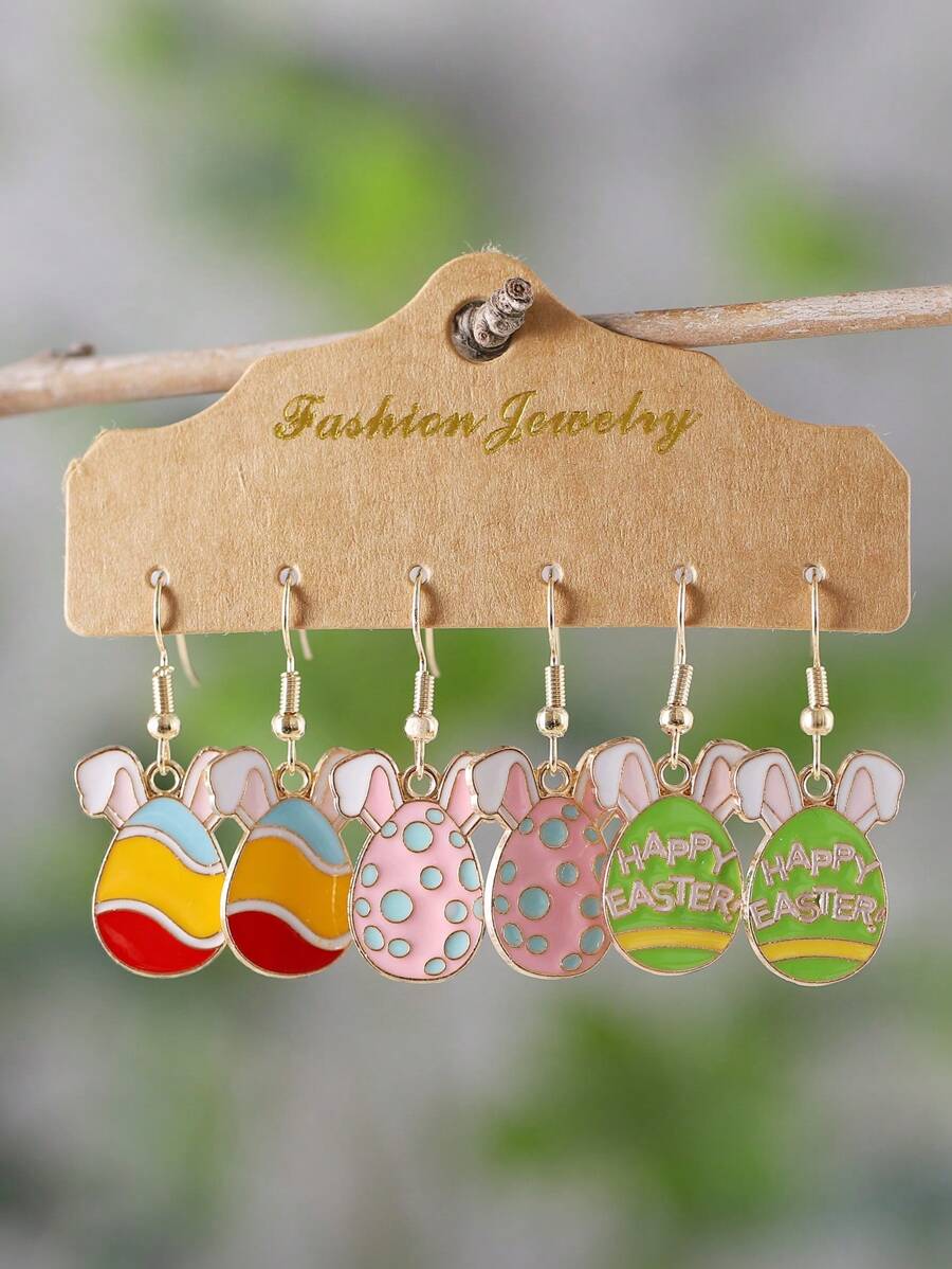 3对复活节可爱兔子和彩蛋造型珐琅合金吊坠耳环套装，女士复活节时尚首饰配饰，礼品 - 彩色 - 查看 1