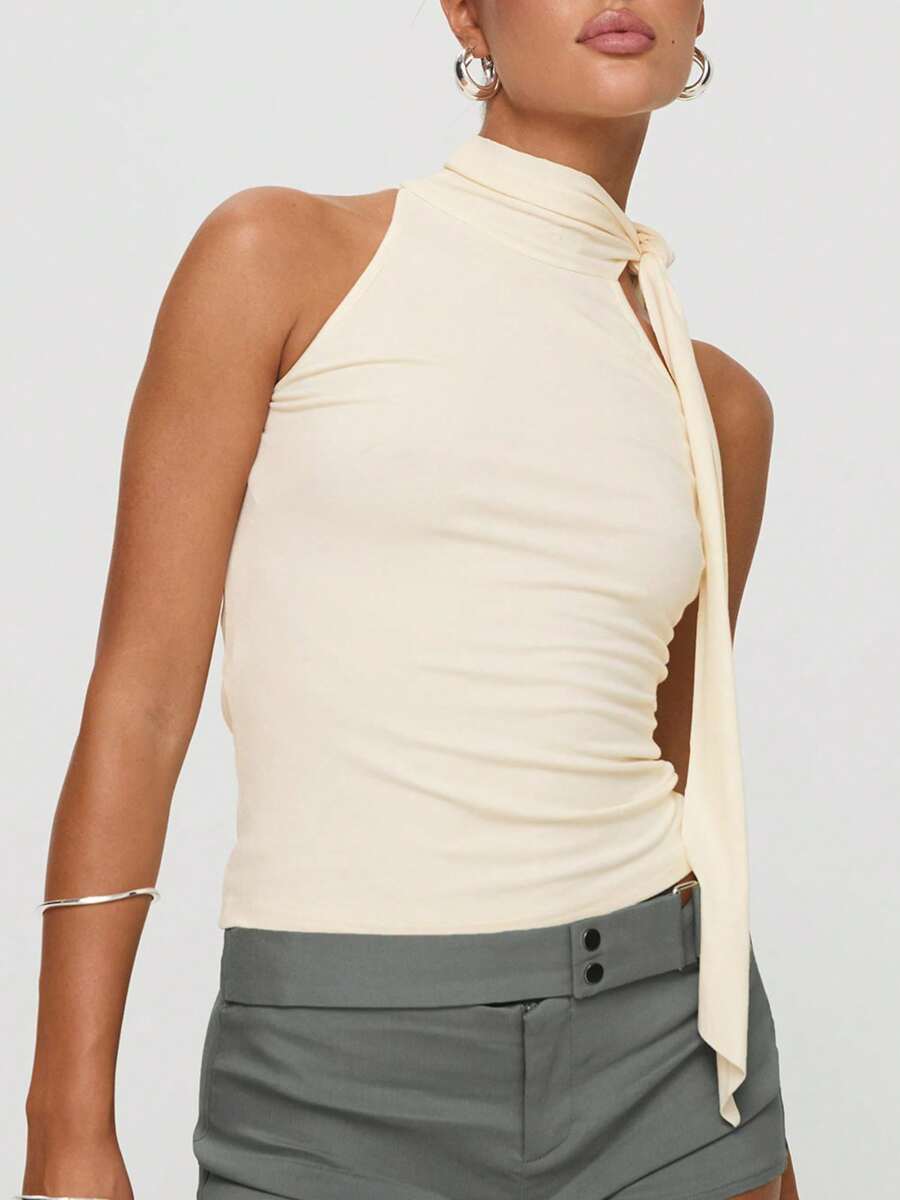 Women Tie Up Halter High Neck Crop Tank Tops With Scarf Y2K Sleeveless Solid Color Slim Fit Summer Going Out Shirts Streetwear - 白色 - 查看 1