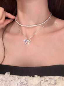 1pc Exquisite Double Layer Rhinestone Bowknot Faux Pearl Necklace, Elegant Delicate Choker & Clavicle Chain Accessory For Women