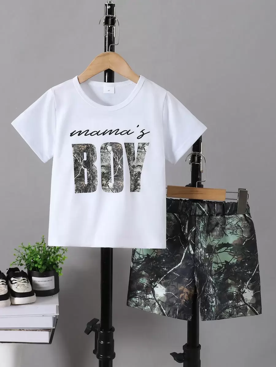 Young Boys Short-Sleeved Shorts Suit Camouflage Young Boy Print Round Neck White Short-Sleeved T-Shirt + Camouflage Leaf Print Shorts Casual Comfortable All-Match Outdoor Spring And Summer Two Pieces Suit - Army Green - View 1