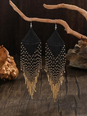 Bohemisk stil pärlformade Dangle örhängen, Black Ombre Long Tofs Drop Design, Elegant glittrande handgjord glasaktig pärlor, mångsidig för kvinnors dagliga, semester, presenter, Lämplig för alla hjärtans dag, helgdagar, mamma, mor, mors dag, present