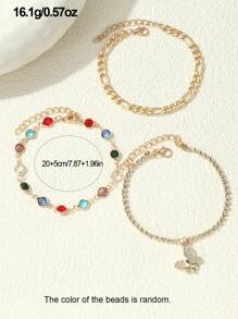 3 件装优雅甜美蝴蝶和星球水钻装饰脚链，适合女孩，珠子颜色随机