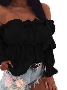 Off Shoulder Long Sleeve Tops For Women Solid Color Blouse, Flare Bell Sleeve Loose Shirt - 黑色 - 查看 3
