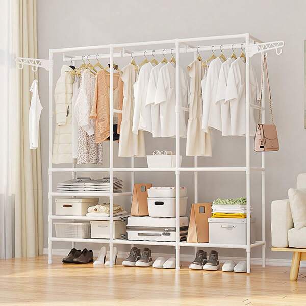 1pc Multi-Tier Metal Cabinet Organizer Rack With Hanging Rod, Universal Storage Unit For Clothes, Shoes, Blankets, Bags, Hats, Towels - Sturdy, Easy To Assemble, Powder Coated, Industrial & Scientific Retail Display