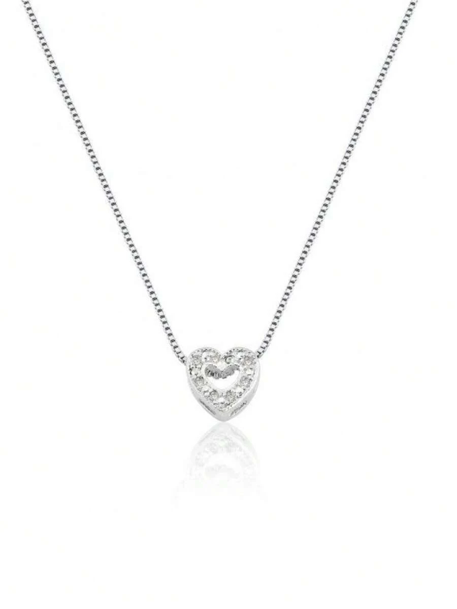 925 Silver Choker Necklace With Hollow Heart Studded - Silver - View 1