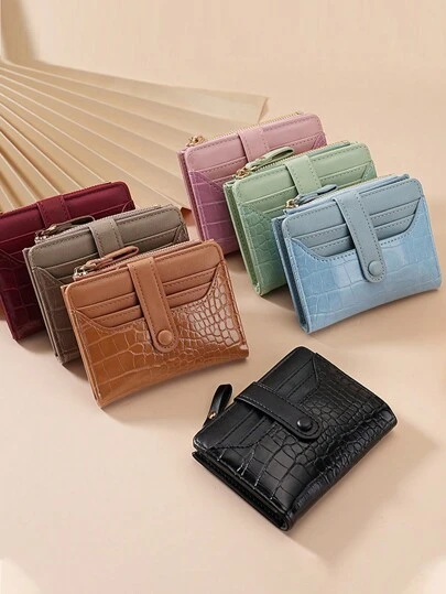 Crocodile Pattern Multi-Slot Wallet, Macaron Color Short Wallet, Daily Minimalist Multi-Layer Wallet, Versatile Fresh Card Holder