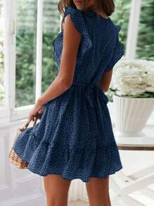 Women Floral Mini Dress Sexy V Neck Ruffle Flutter Sleeve Polka Dot Summer Dresses - 藏蓝色 - 查看 3