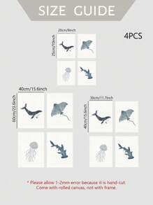 4pcs/Set Ocean Wonders Wall Art Set - Watercolor Canvas Prints Of Whale, Shark, Jellyfish & Stingray For Nautical Themed Room Decor, Unframed - Multicolor - View 5