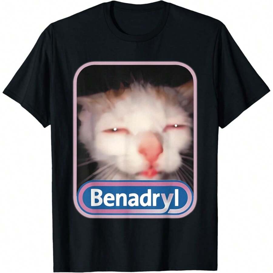 Benadryl Meme Cat Benny Cute & Funny Weird Meme T-Shirt, Unisex Funny Graphic T Shirts - 黑色 - 查看 1