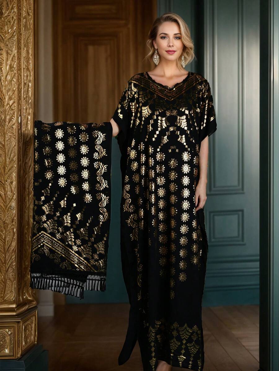 Bộ 2 áo choàng in họa tiết lá kim cho nữ và khăn trùm đầu, váy Abaya sang trọng của Ả Rập cổ tròn tay ngắn, lý tưởng cho Khimar, Kaftan, Caftan, thích hợp làm quà tặng, mọi mùa