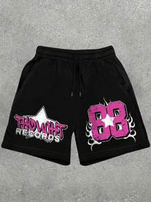 Men's Loose Casual Letter Print Workout Shorts, Summer - Black - View 1