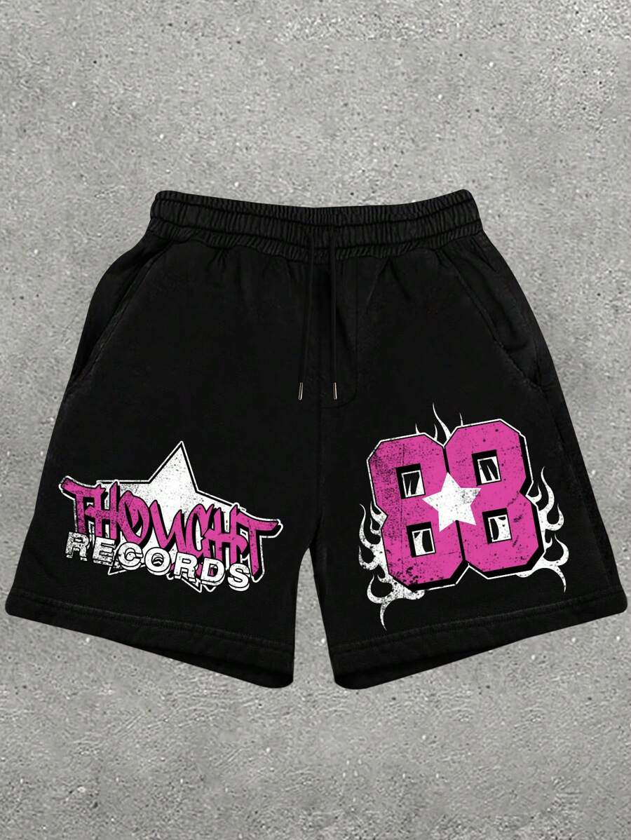 Men's Loose Casual Letter Print Workout Shorts, Summer - Black - View 1