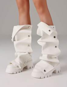 Women Mid Calf Boots Platform Heels Ruch Boots Knee High Fold Over Chunky Heel Short Booties Round Toe Wide Calf Pull-On Shark Boots Daily Party Y2K Dress Boots For Woman - trắng - Xem 4