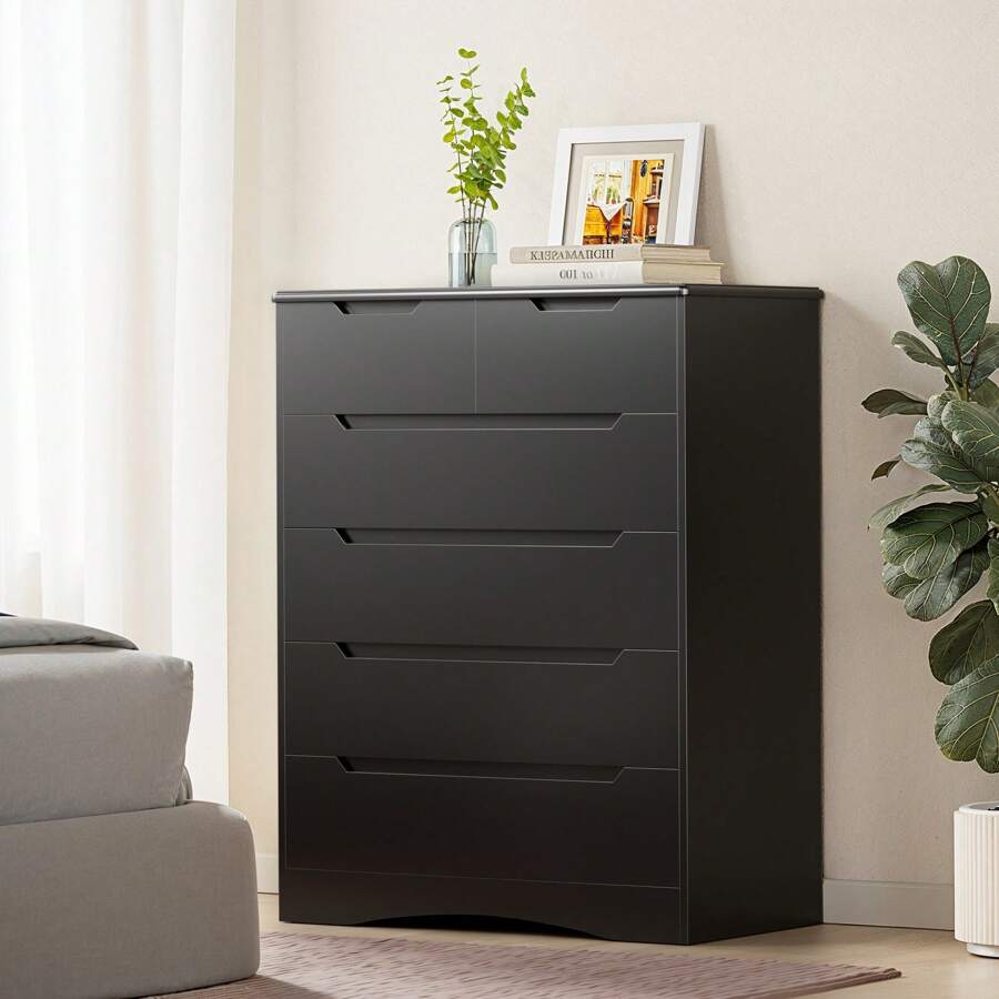 6 Dresser Storage Drawer Units Chest Of Drawers Smooth Rail Bedroom Storage For Bedroom , Dresser With Recessed Distinctive Handles With Sturdy Drop Guard, Available In White And Black - 黑色 - 查看 1