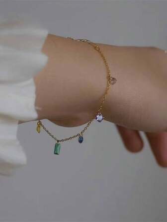 1 Pc Stainless Steel Bracelet, Decorated With Multicolor Cubic Zirconia Rainbow Stones, French Romantic Style, Fashion Minimalist Fashionable, Vintage Versatile Jewelry For Women, Casual Wear Or Party