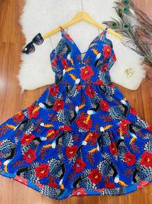 HONGDA VARIETIES New Dress At The Back With Elastane Ties And Adjustable String With Print Cold Harvest Material - Xanh đậm - Xem 1