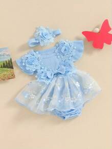 Newborn Baby Girl 1st Birthday Outfit Floral Lace Tulle Romper Tutu Dress Cake Smash Princess Boho Clothes Photo Shoot - Màu xanh lam - Xem 3